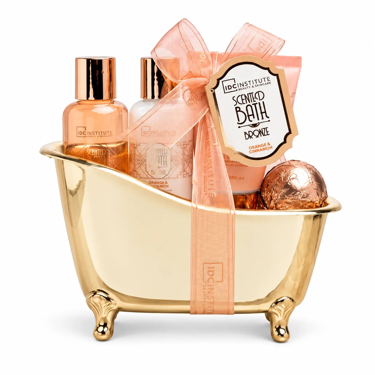 ✨🥉 IDC Institute Bade- und Pflege-Geschenkset „Duftendes Badebronze“ (5-teilig) – Elegante Kupferbadewanne 🛁🧡